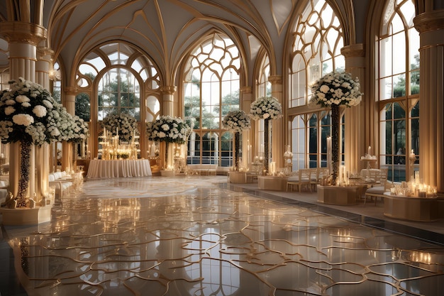 Modern and stylish interior design of a wedding ballroom with a touch of luxury and prestige