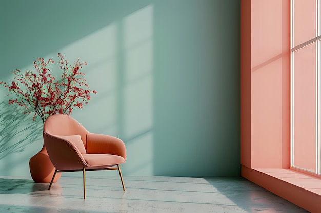 Modern Stylish Interior with Pink Armchair and Decorative Plant by Sunlit Window with Pastel Shadows