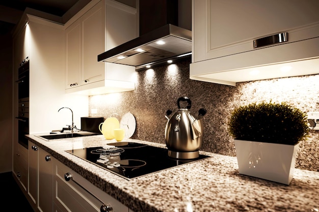 Modern stylish kitchen with granite countertop and hob in white tone interior at night generative ai