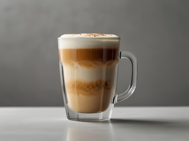 A modern and stylish latte coffee in a transparent glass cup placed on a pure white background