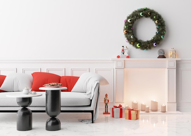 Modern and stylish living room interior with Christmas decorations sofa gifts Xmas time at home New Year holiday Beautiful and cozy interior design 3D rendering