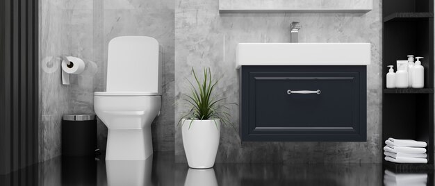 modern stylish loft bathroom interior with basin and cabinet toilet bowl shelves in cement wall