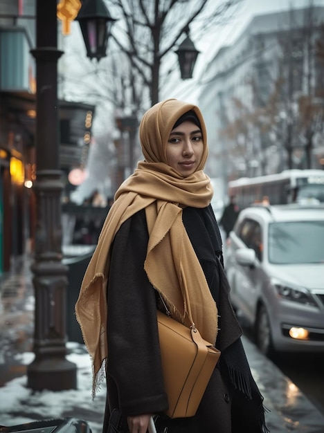 Photo a modern stylish muslim woman in hijab in city street