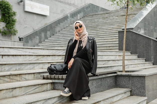 Modern stylish muslim woman in hijab in city street