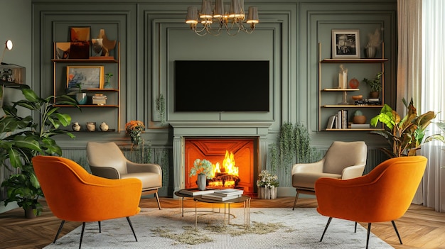 Photo modern stylish room interior with beautiful fireplace and tv set