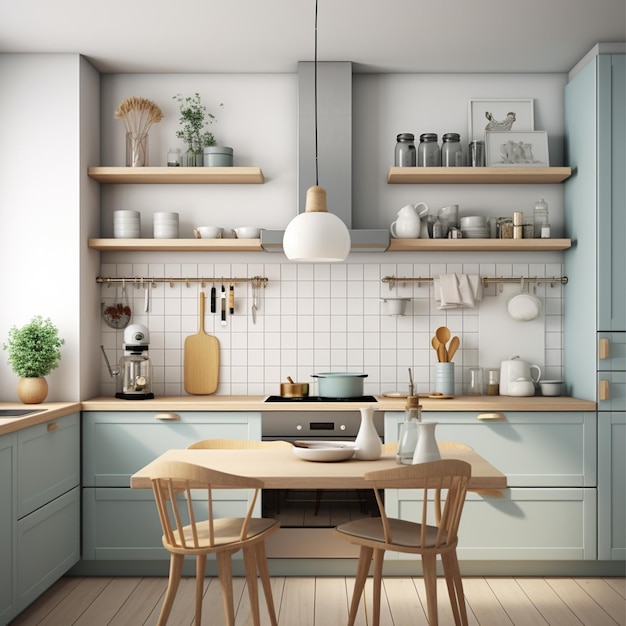 Modern stylish Scandinavian kitchen interior with kitchen accessories