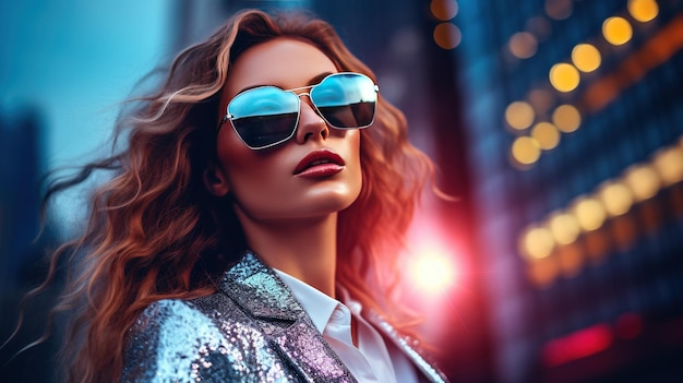 A modern and stylish woman with reflective sunglasses set against a dynamic urban background