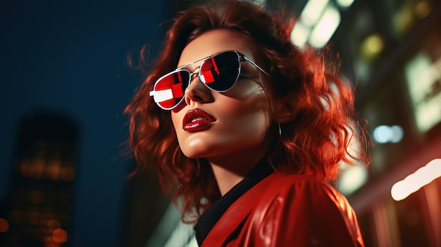 A modern and stylish woman with reflective sunglasses set against a dynamic urban background