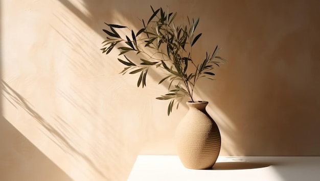 Modern summer minimal of olive tree branch in sunlight with long shadows on beige wall background copy space interior lifestyle Mediterranean scene generative ai