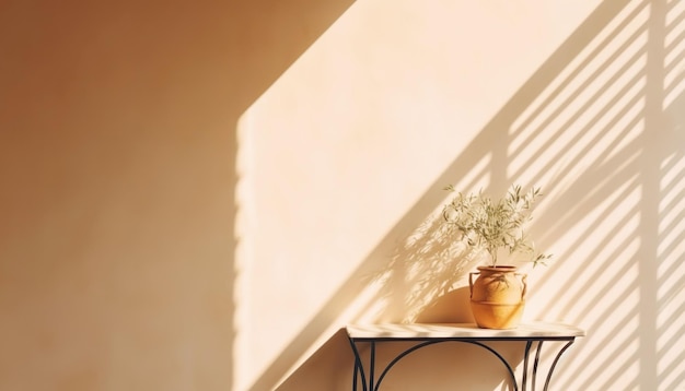 Modern summer minimal of olive tree on table in sunlight with long shadows on beige wall background copy space interior lifestyle Mediterranean scene generative ai