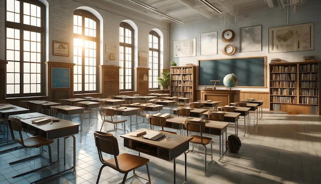 A modern sunlit classroom with rows of desks and chairs facing the front whiteboard globe booksh