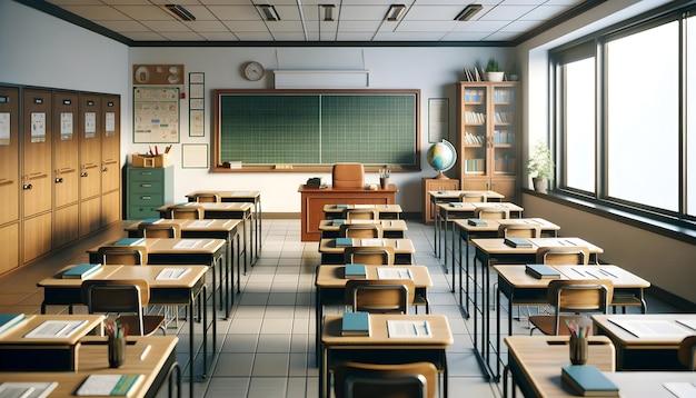 A modern sunlit classroom with rows of desks and chairs facing the front whiteboard globe booksh