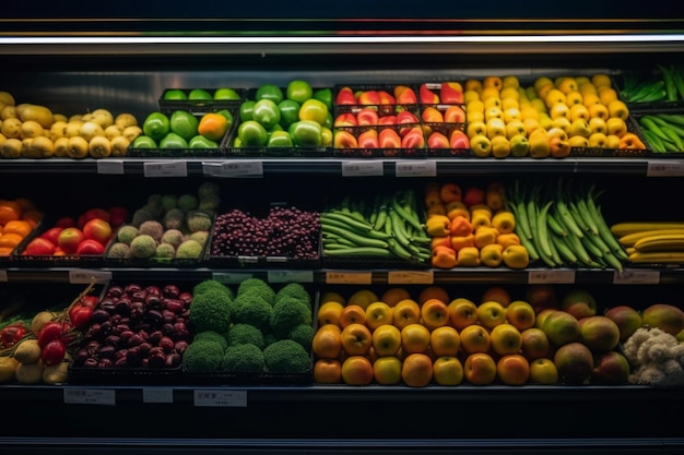 Modern supermarket with lots of vegetables and fruits on display