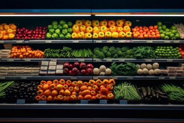 Modern supermarket with lots of vegetables and fruits on display