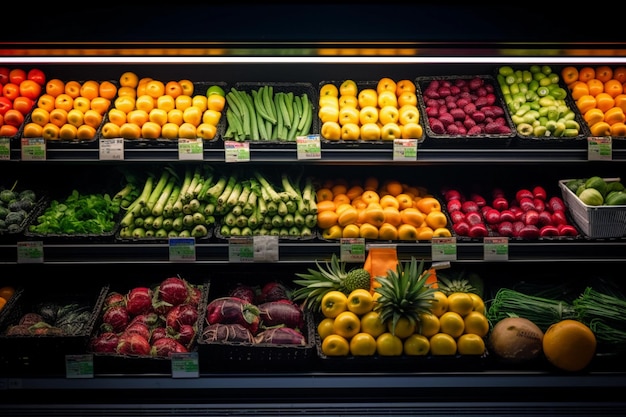 Modern supermarket with lots of vegetables and fruits on display