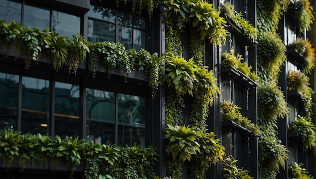 Modern sustainable building facade with solar electric panels and vertical garden with climbing green plants