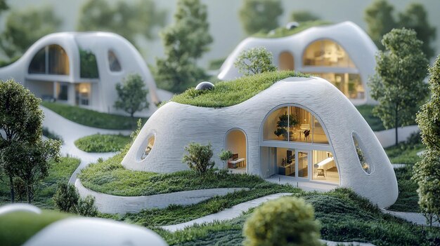 Modern Sustainable Eco Friendly Houses with Green Roofs and Lush Gardens