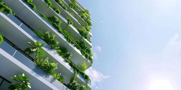 Modern sustainable green building with ecofriendly features and vertical gardens in urban setting Concept EcoFriendly Architecture Sustainable Design Urban Green Building Vertical Gardens