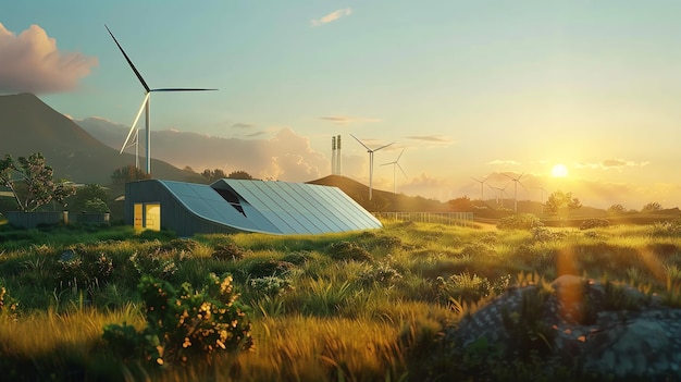 A modern sustainable home with solar panels and wind turbines in a field at sunset