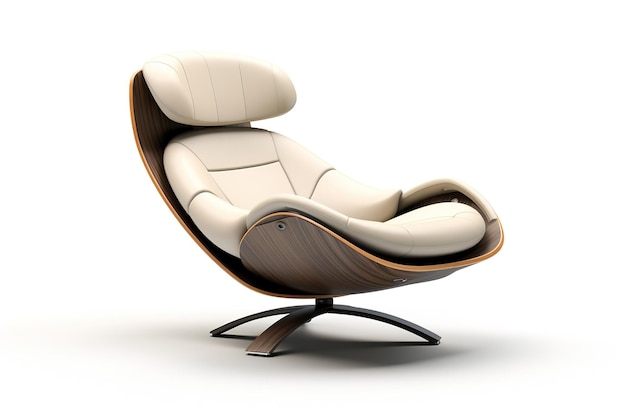 A Modern Swivel Chair With Wooden Base and White Leather Upholstery on a Clear PNG or White Background