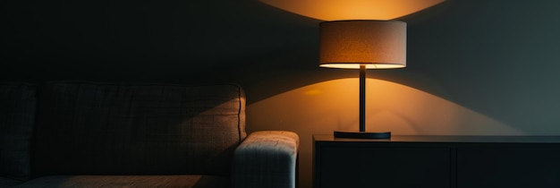 Photo modern table lamp casting a warm glow against a dark mattefinished wall highlighting the lamp39s