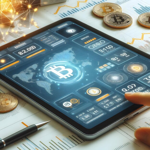 Photo modern tablet with cryptocurrency app interface for finance concept