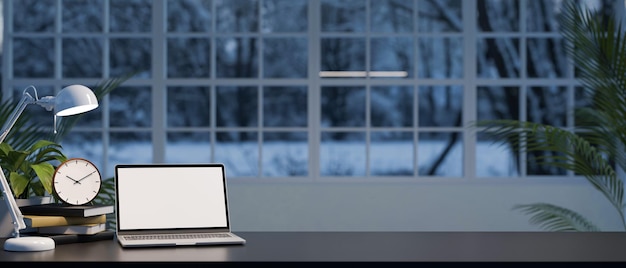 Modern tabletop workspace with notebook laptop mockup and copy space closeup image