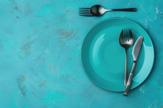 Photo modern tableware set with cutlery and a vibrant blue plate overhead flat lay shot with copy space