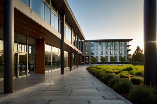 Photo a modern tech campus in silicon valley with sleek buildings lush greenery and people walking