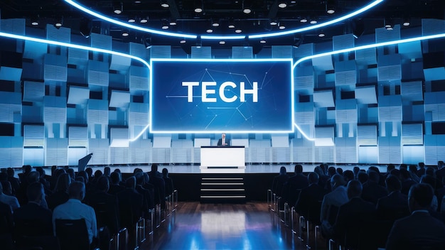 Modern tech conference stage with an empty podium featuring a large screen