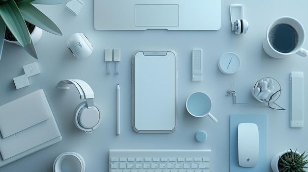 Photo modern tech desk with a blue color scheme featuring a smartphone gadgets coffee cup and organized office supplies ideal for productivity