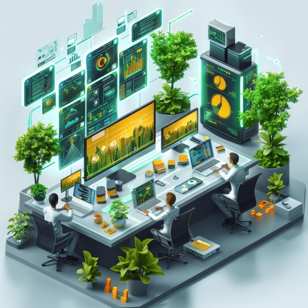 Photo modern techfueled workplace with green elements