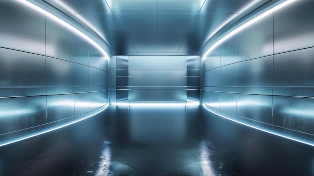 Modern TechInspired Metallic Studio Background with Long Hallway and Lights