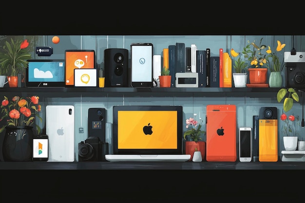 Modern Technology Devices on Shelf