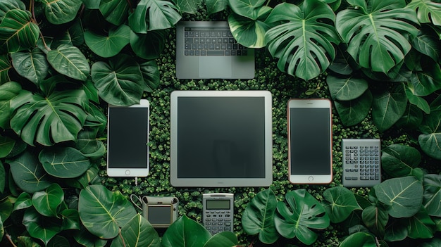 Photo modern technology devices surrounded by lush green foliage representing harmony between nature and innovation