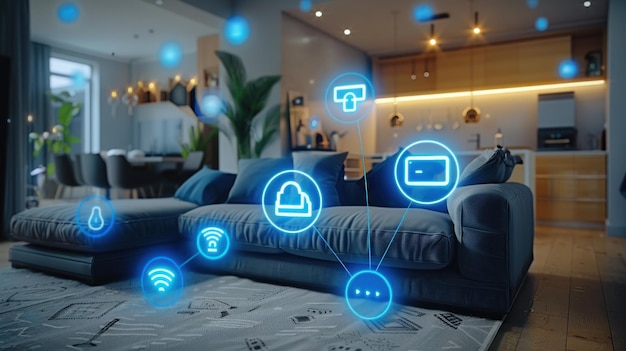 modern technology with Smart home interior featuring connected devices and floating digital symbols