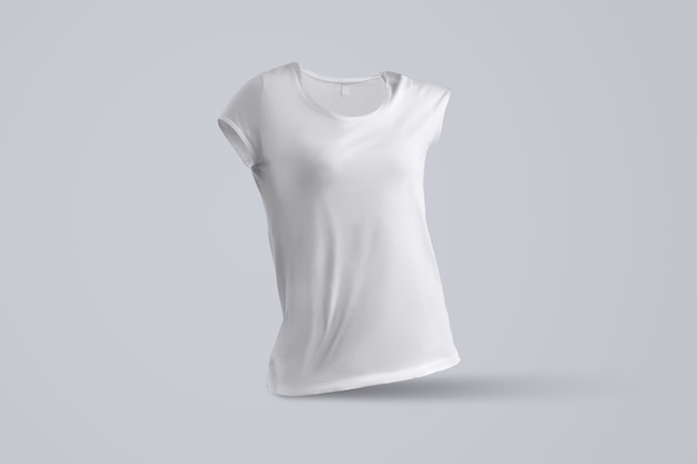 Modern  template with  shape of the blank female  t-shirt without body  isolated on the  gray background, front view. Mockup can be used  for your showcase.