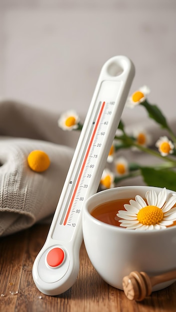 Modern Thermometer Next to Cup of Chamomile Tea and Honey