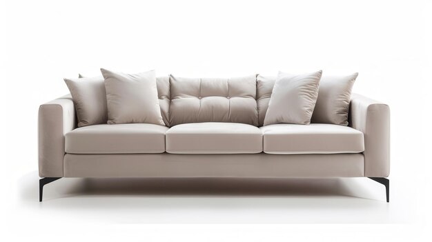 A modern threeseater sofa with beige upholstery button tufted cushions and black metal legs Generative AI