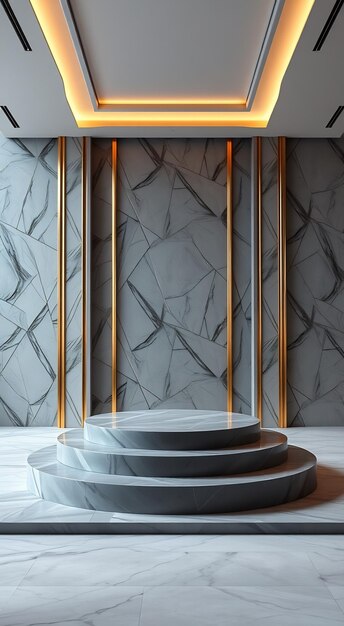 Modern threetier marble podium with gold accents in a room with a white ceiling and marble floor