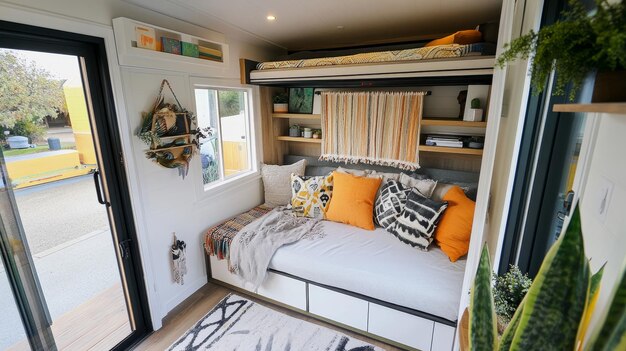 Photo modern tiny home living with murphy bed ai generated