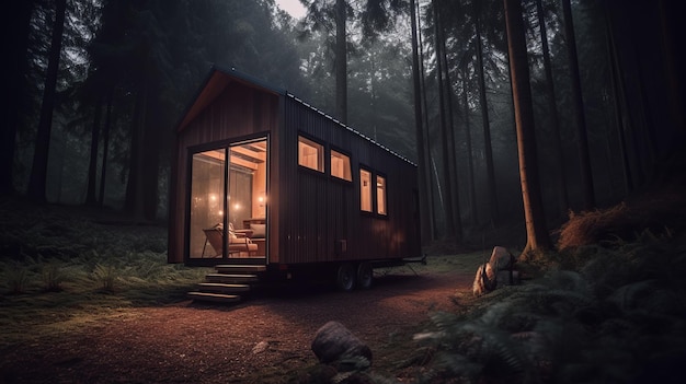 Modern tiny house in forest barnhouse cozy realistic Al generated