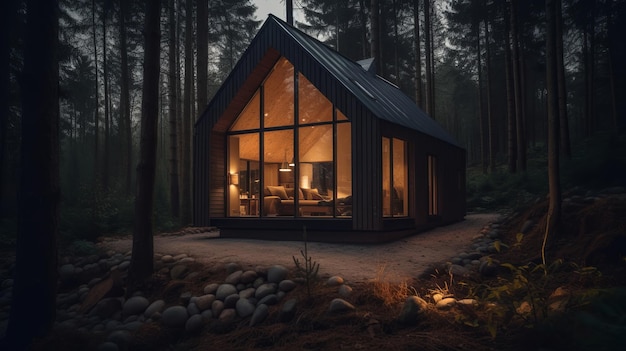 Modern tiny house in forest barnhouse cozy realistic Al generated