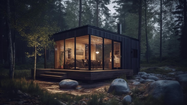 Modern tiny house in forest barnhouse cozy realistic Al generated