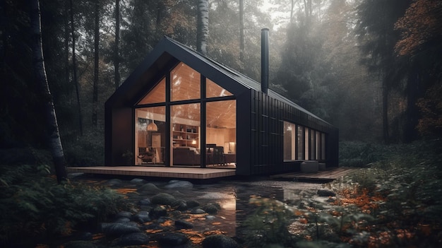 Modern tiny house in forest barnhouse cozy realistic Al generated