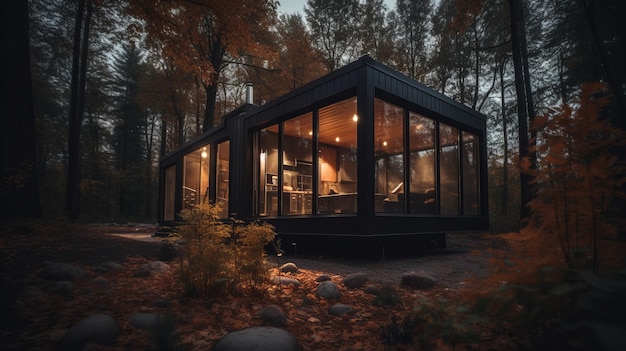 Modern tiny house in forest barnhouse cozy realistic Al generated