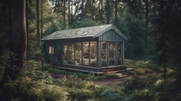 Modern tiny house in forest barnhouse cozy realistic Al generated