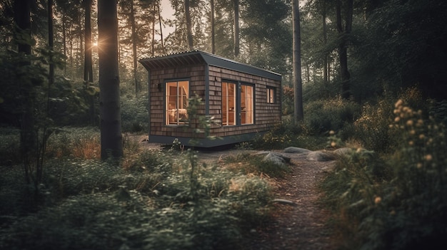 Modern tiny house in forest barnhouse cozy realistic Al generated