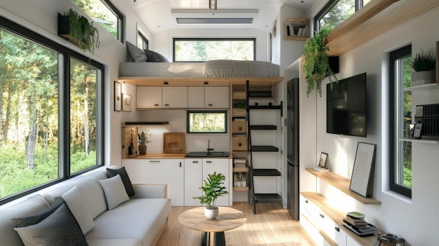 Modern tiny house interior with a minimalist design and clever layout