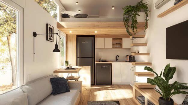 Modern tiny house interior with a minimalist design and clever layout